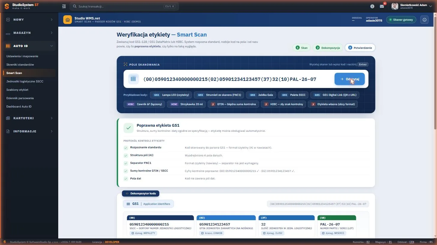 Studio WMS.net - Smart Scan z protokołem kontroli etykiety i dekompozycją kodu GS1 na pola