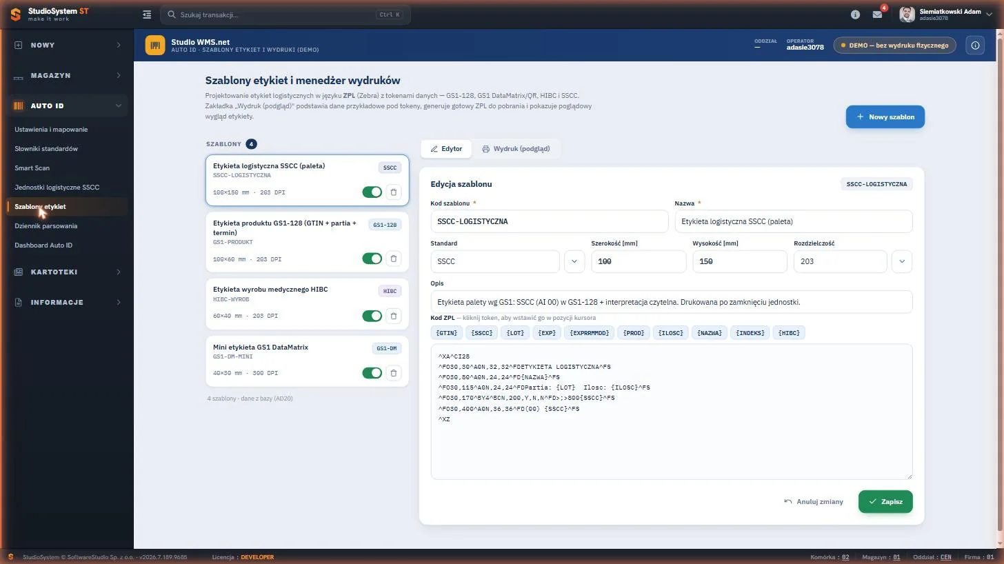 Studio WMS.net - edytor szablonów etykiet w języku ZPL z tokenami danych