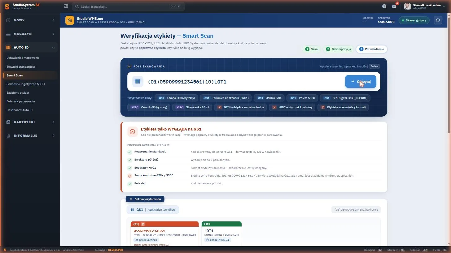 Studio WMS.net - odrzucenie kodu z powodu błędnej cyfry kontrolnej numeru wyrobu