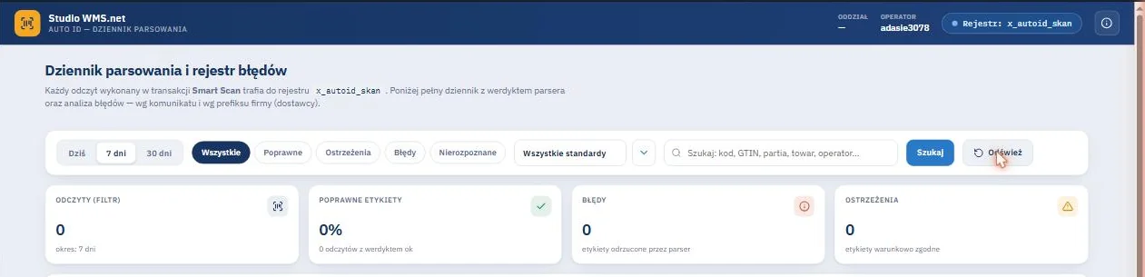 Studio WMS.net - filtry i wskaźniki dziennika parsowania odczytów