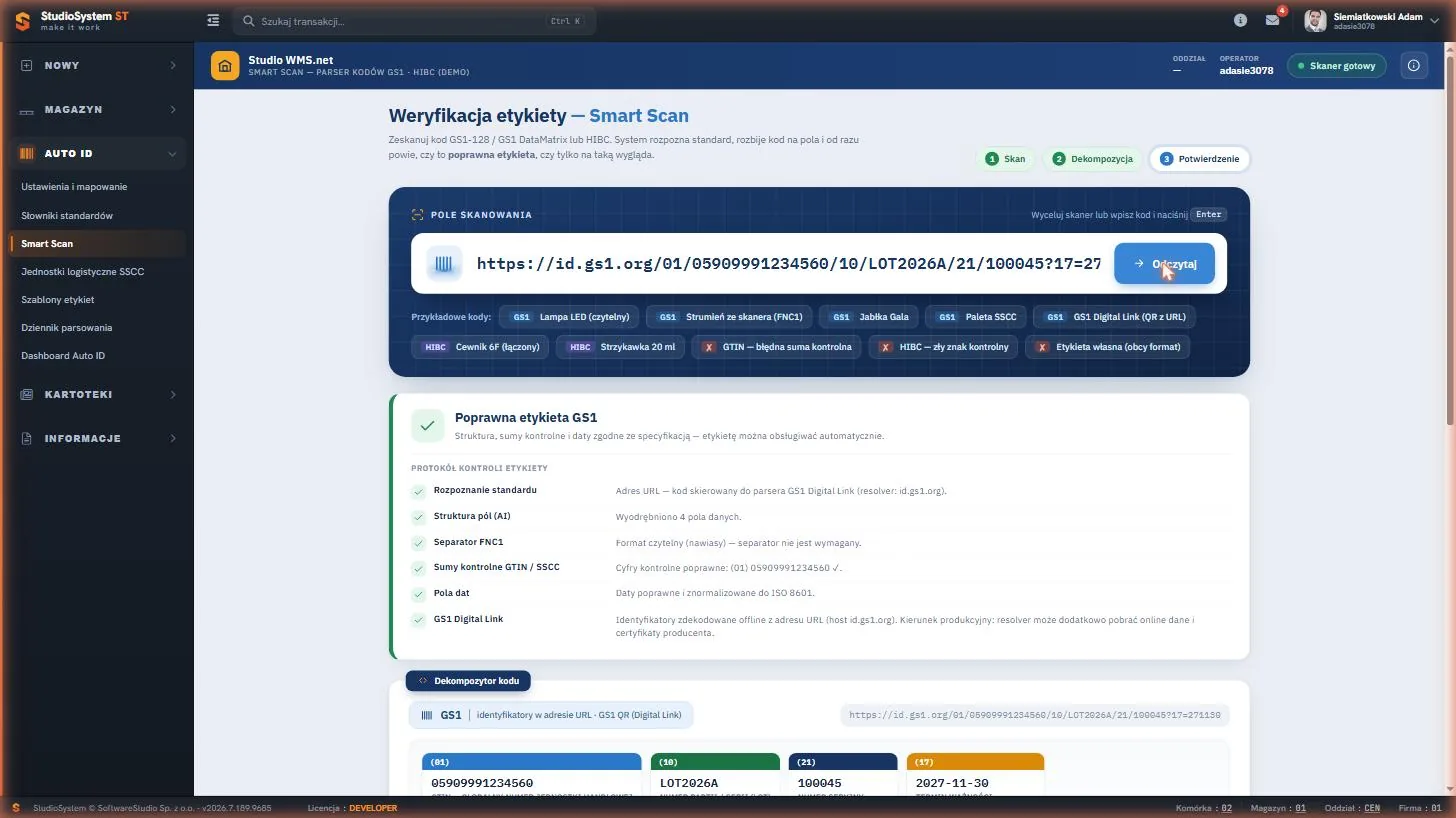 Studio WMS.net - Smart Scan rozkładający adres GS1 Digital Link na identyfikatory