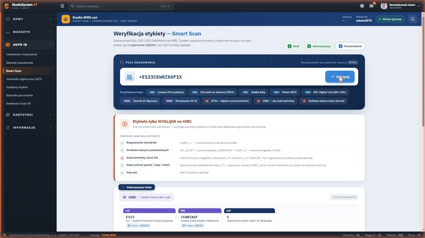 Studio WMS.net - etykieta HIBC odrzucona przez niezgodny znak kontrolny modulo 43