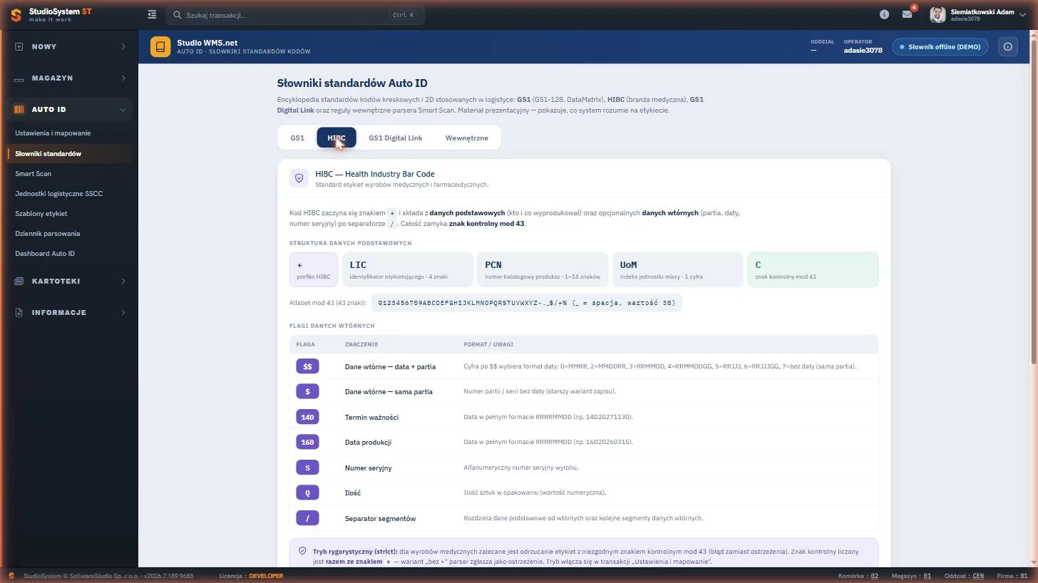 Studio WMS.net - słownik standardu HIBC ze strukturą kodu i flagami danych wtórnych