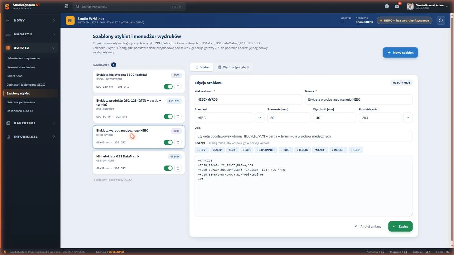 Studio WMS.net - szablon etykiety wyrobu medycznego HIBC w języku ZPL
