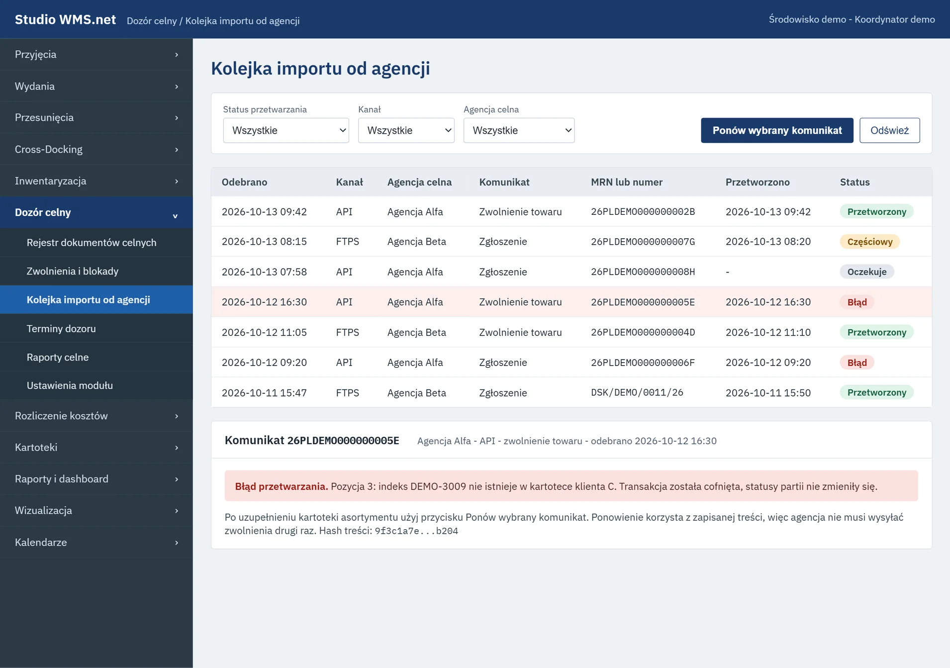 Studio WMS.net: kolejka importu od agencji z kanałami API i FTPS, statusami i szczegółami komunikatu z błędem
