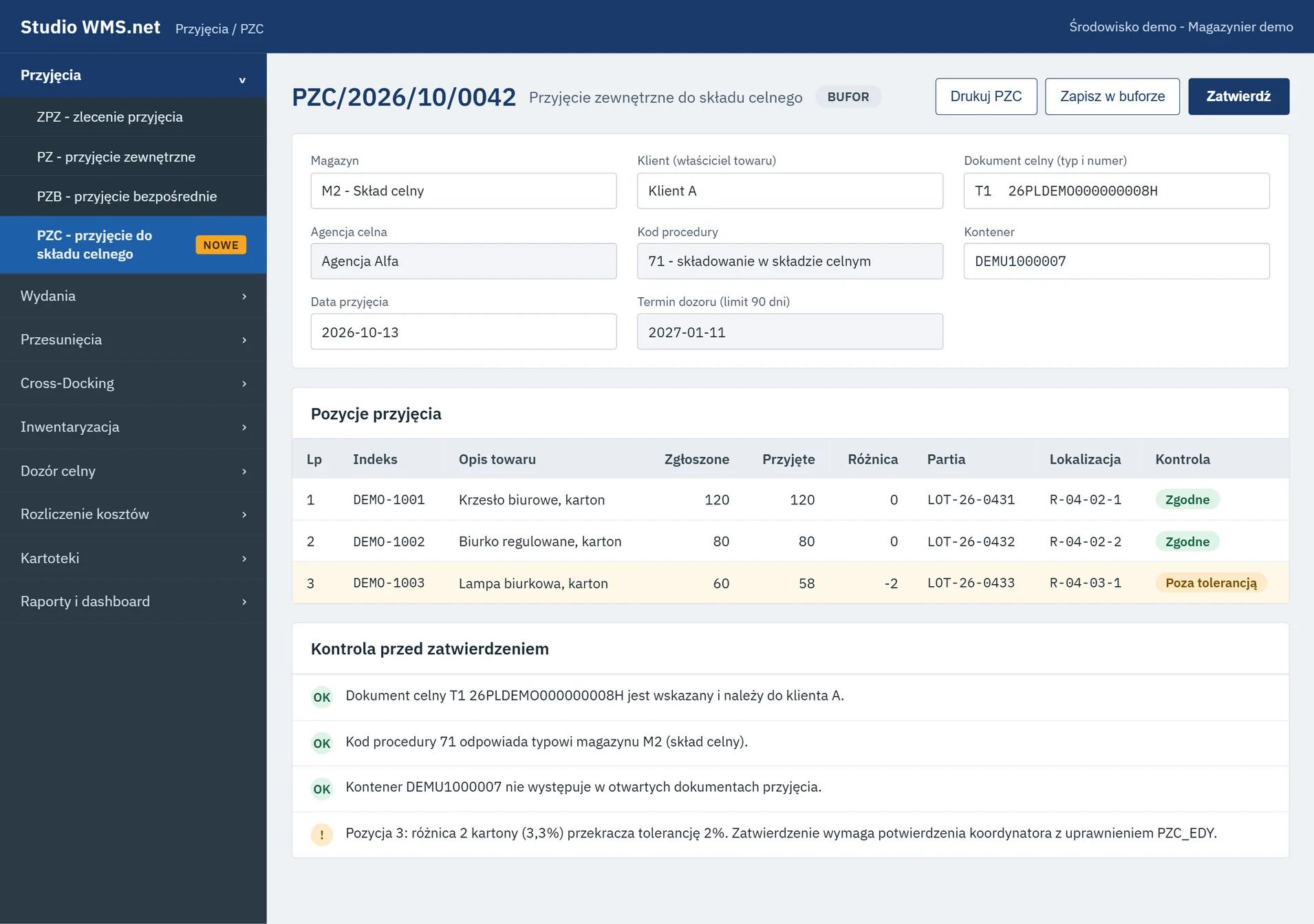 Studio WMS.net: dokument PZC z numerem T1, kontenerem, terminem dozoru, pozycjami i kontrolą przed zatwierdzeniem