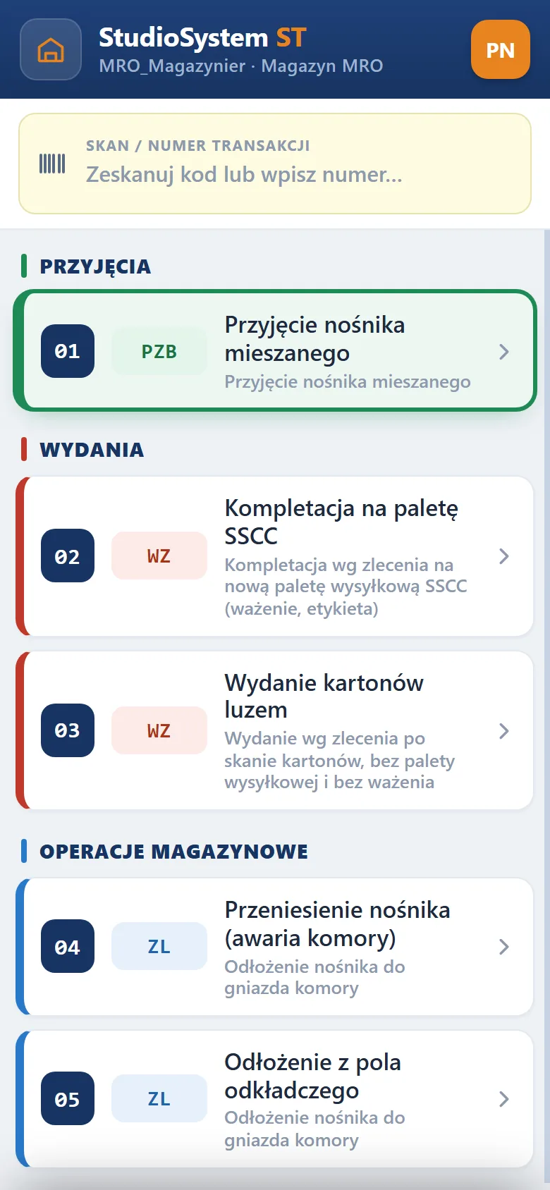 Terminal magazyniera mroźni na telefonie: pole Skan numer transakcji, grupa Przyjęcia z kafelkiem 01 PZB Przyjęcie nośnika mieszanego i grupa Wydania z kafelkiem 02 WZ Kompletacja na paletę SSCC