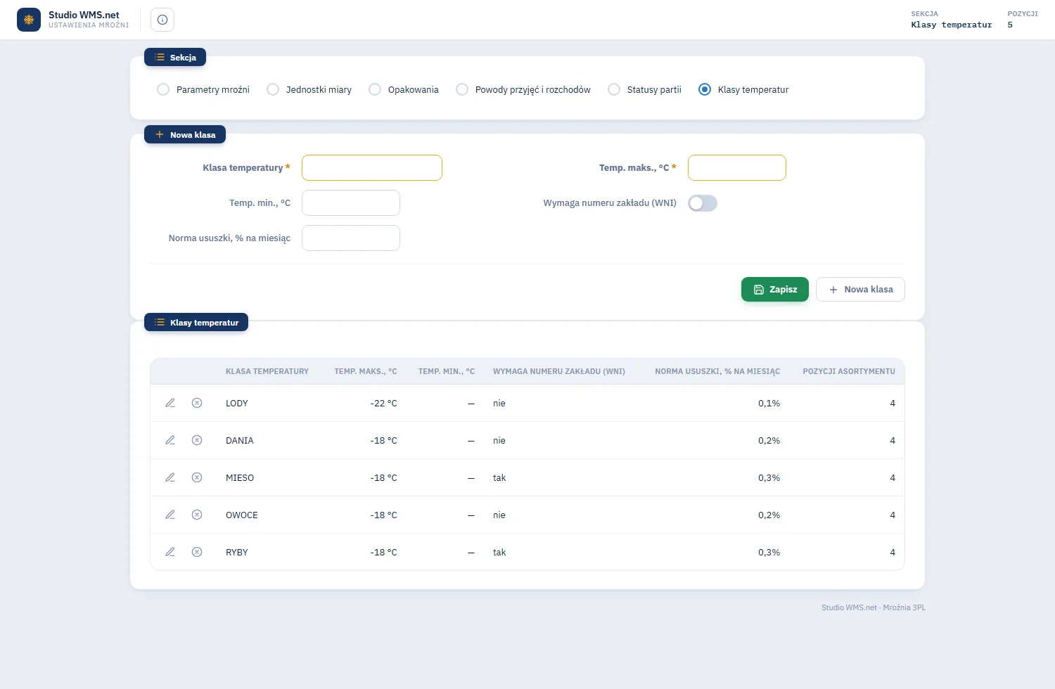 Ustawienia mroźni, sekcja Klasy temperatur: formularz Nowa klasa i lista klas LODY -22, DANIA, MIESO, OWOCE i RYBY -18 stopni z wymogiem numeru zakładu, normą ususzki i liczbą pozycji asortymentu
