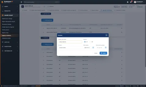 Studio WMS.net: okno Kontener z polem numeru ISO 6346 nad kartoteką kontenerów