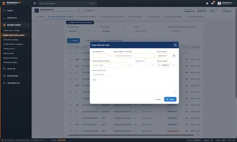 Studio WMS.net: okno Nowy dokument celny z polami typu dokumentu i numeru oraz klienta
