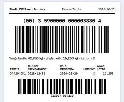 Etykieta A6 palety wysyłkowej: numer SSCC z kodem GS1-128, waga brutto i netto, liczba kartonów oraz tabela z partią, terminem przydatności i datą mrożenia