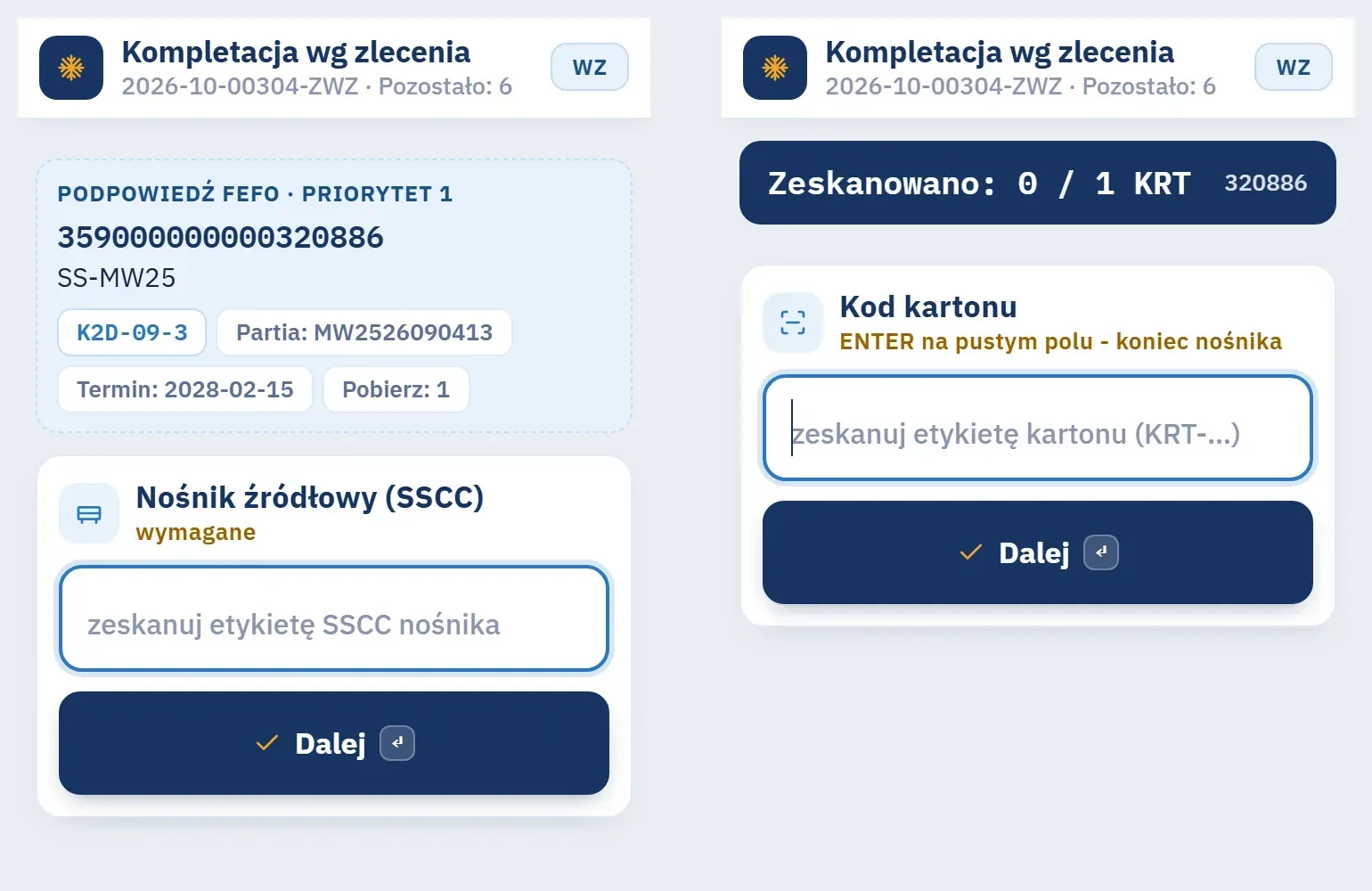 Terminal Studio WMS.net: karta podpowiedzi FEFO Priorytet 1 z nośnikiem, lokalizacją, partią, terminem i liczbą kartonów oraz krok skanu kartonów z licznikiem