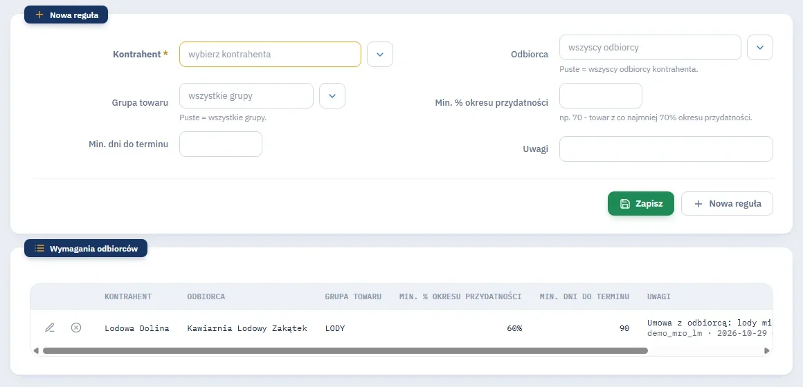 Studio WMS.net: ekran Wymagania odbiorców z formularzem nowej reguły i regułą 60 procent okresu i 90 dni dla lodów