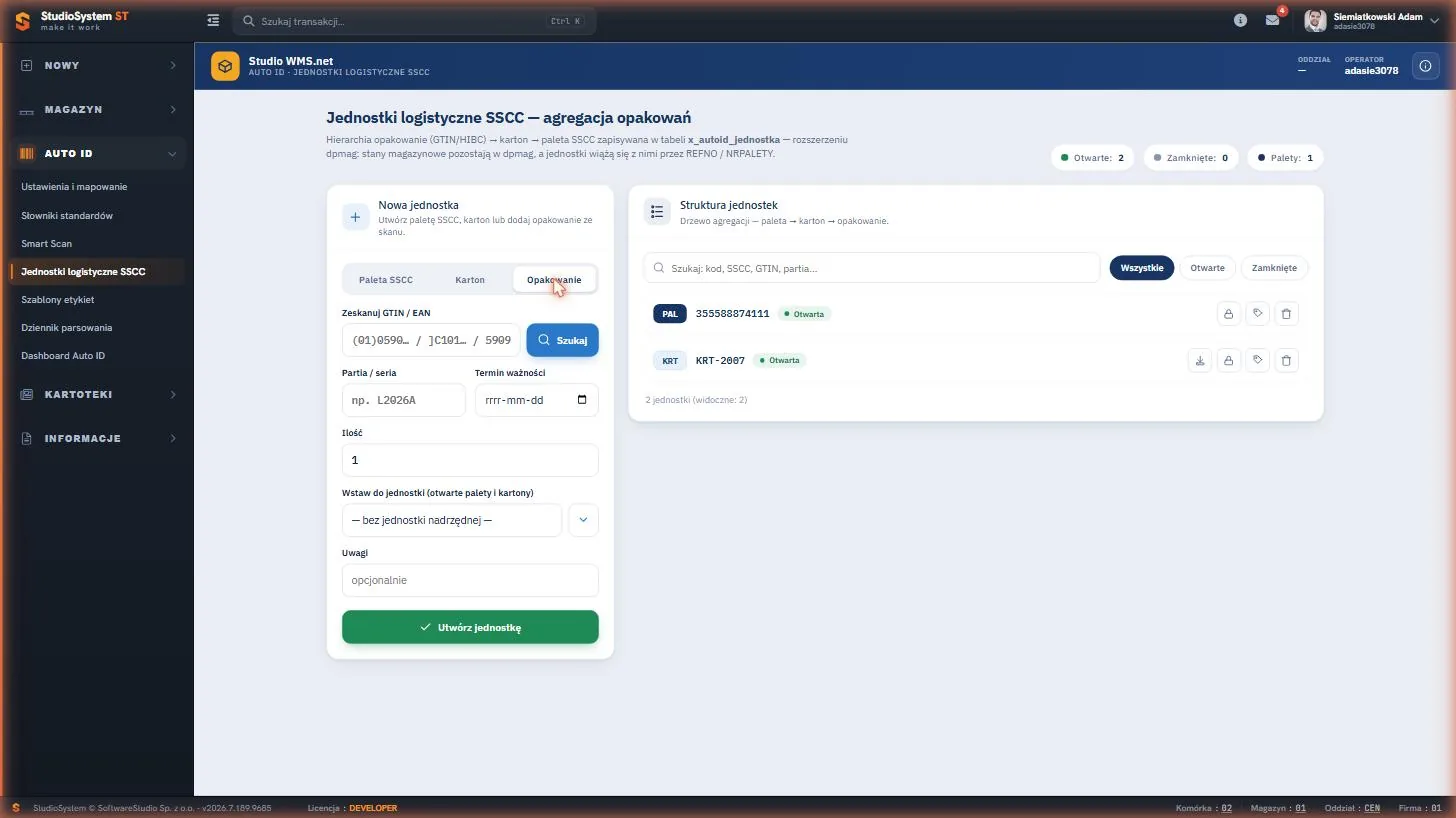 Studio WMS.net - formularz agregacji opakowania do otwartej palety lub kartonu