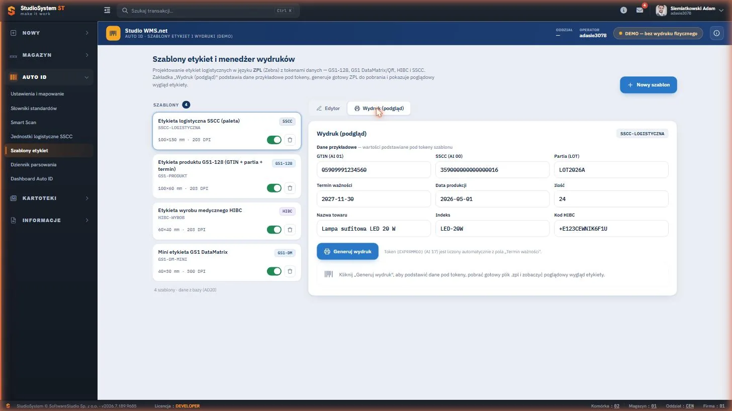 Studio WMS.net - podgląd wydruku etykiety logistycznej palety z numerem SSCC