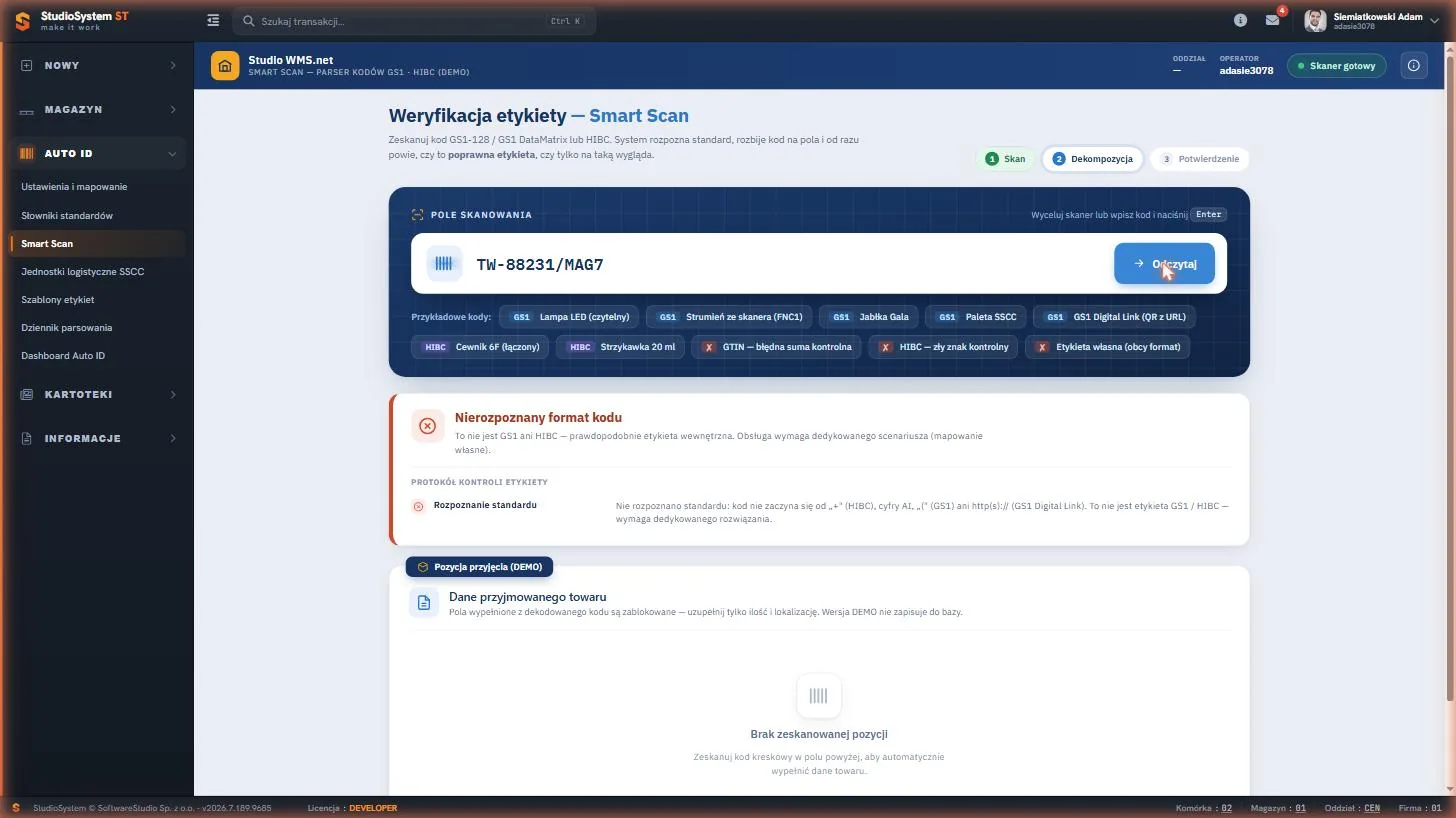 Studio WMS.net - Smart Scan z komunikatem o nierozpoznanym formacie kodu