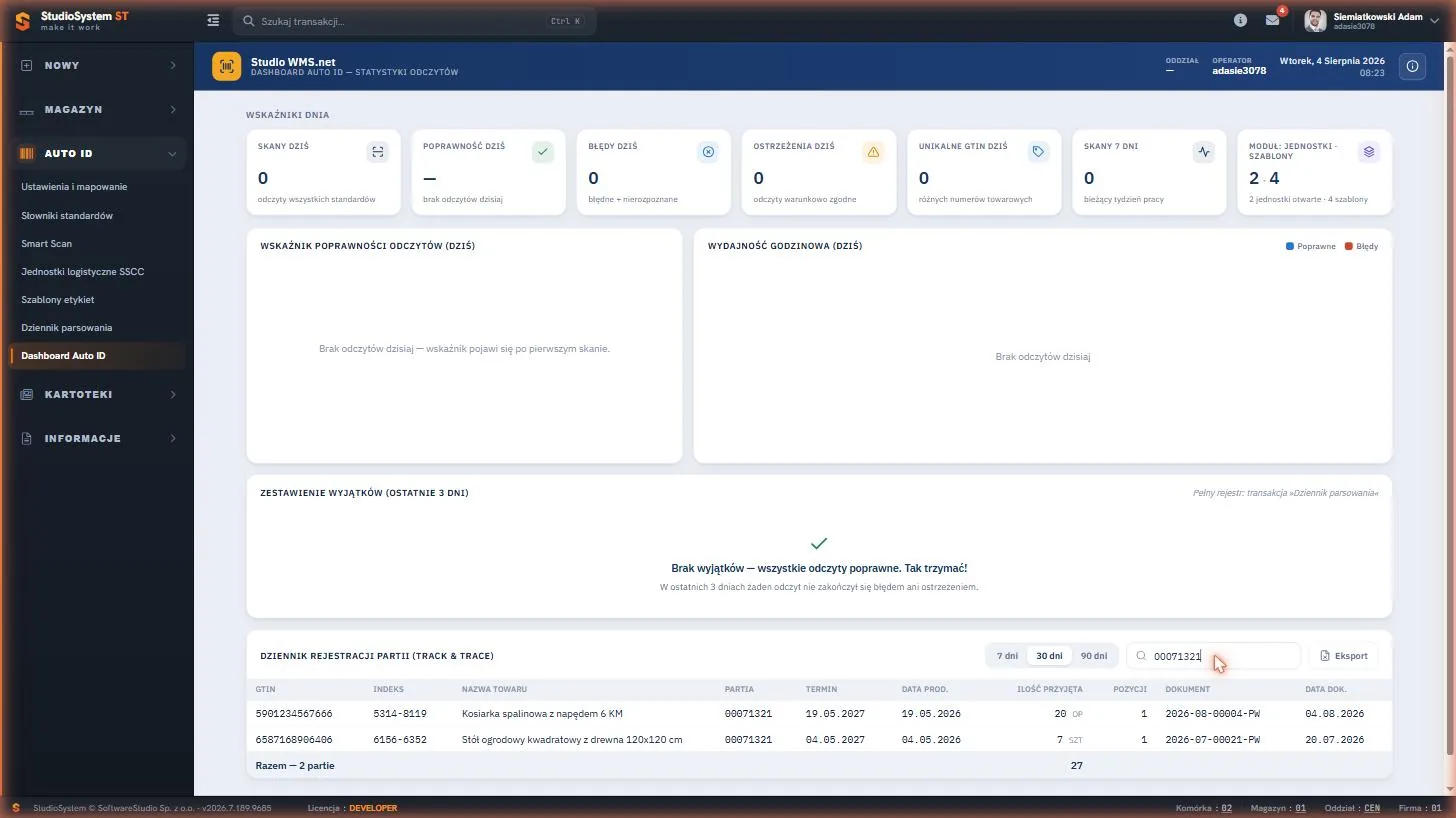 Studio WMS.net - wyszukanie numeru partii w dzienniku rejestracji z listą dokumentów
