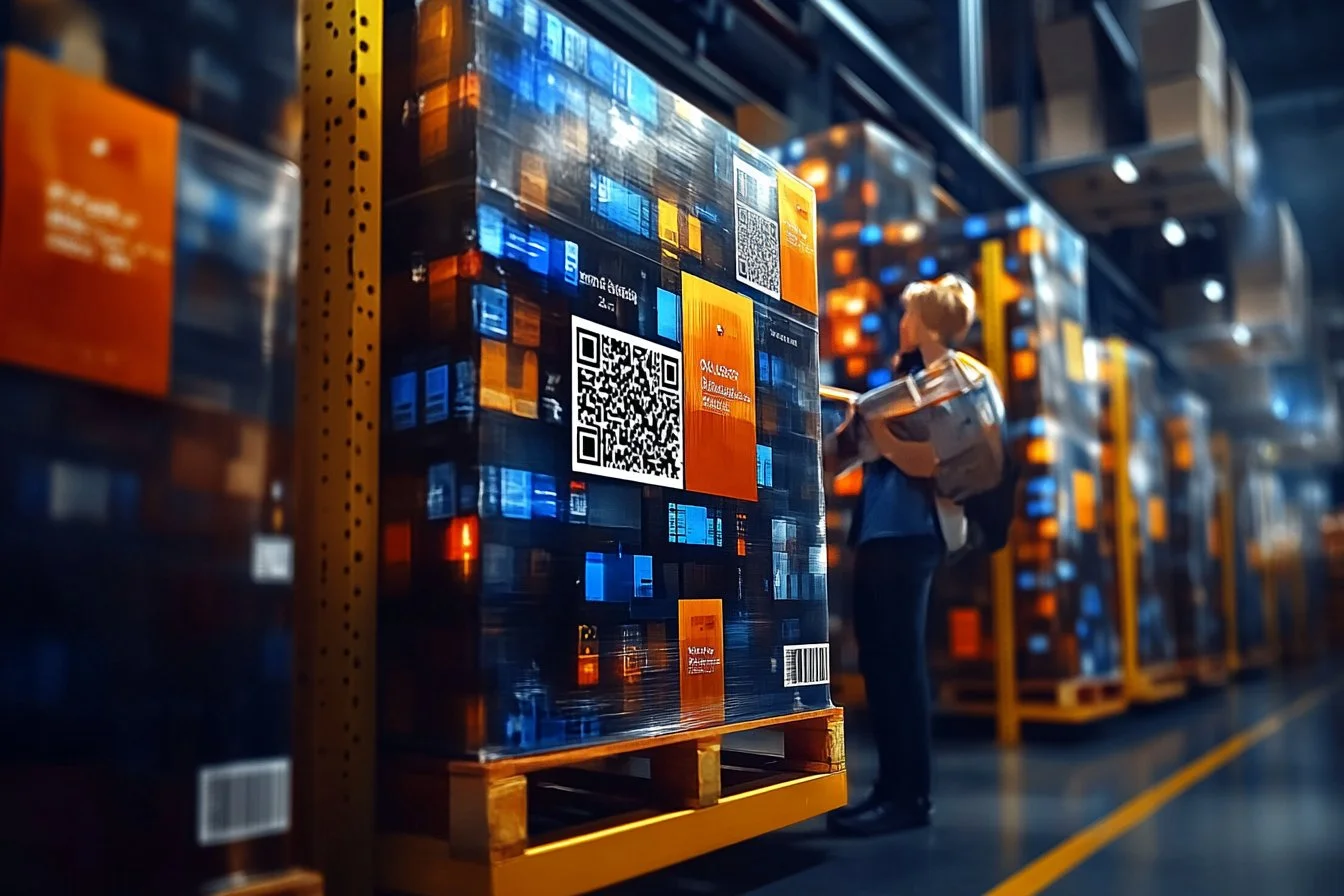 Pracownik magazynu skanujący kody QR na paletach zarządzanych przez inteligentne oprogramowanie Studio WMS.net od SoftwareStudio.