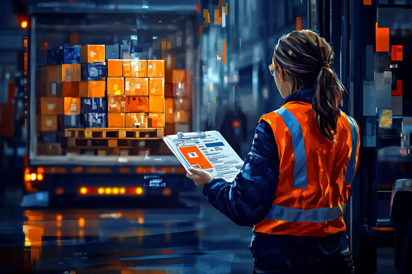 Stylizowana grafika pracownicy magazynu z dokumentami na podkładce