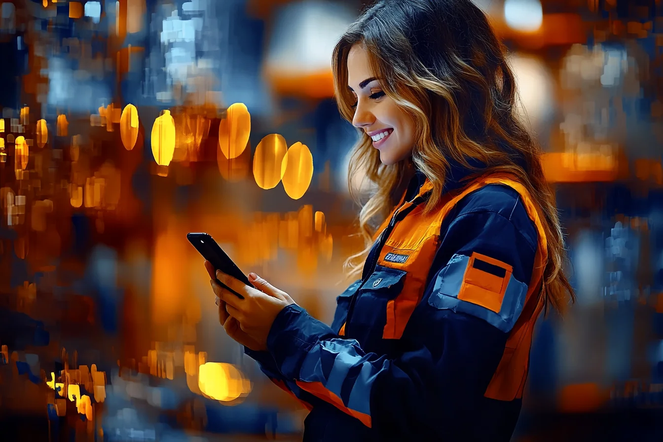 Pracownica magazynu w profilu, patrząca na smartfon