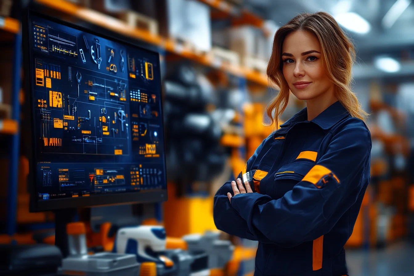 Pracownica magazynu przy ekranie systemu WMS obok regału