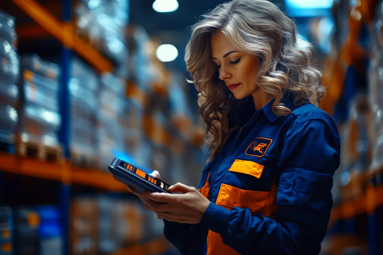 Pracownica w ubraniu roboczym trzymająca tablet przy regale