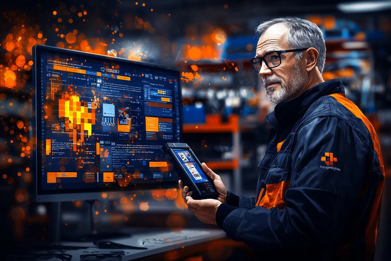 Starszy pracownik magazynu obok dashboardu z iskrami, wariant 2
