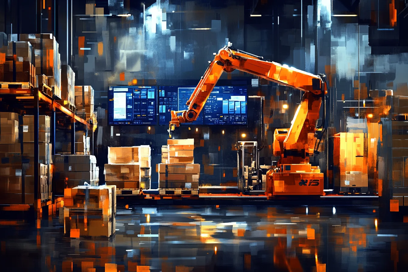Pomarańczowe ramię robotyczne obsługujące kartony przed ekranami danych