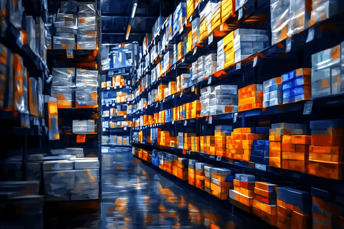 Regał magazynowy z paletami owiniętymi folią