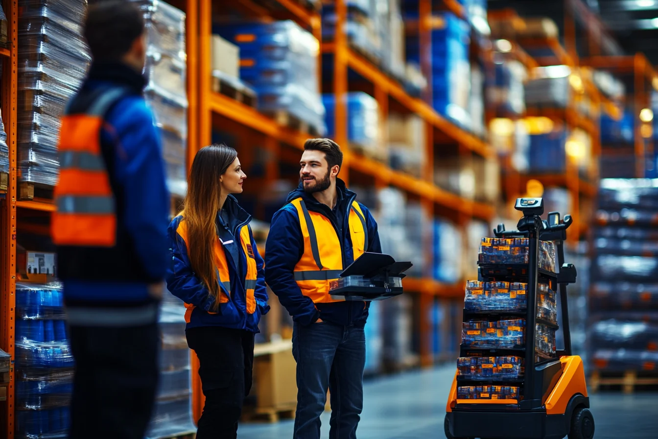 Dwoje pracowników obok autonomicznego robota transportowego