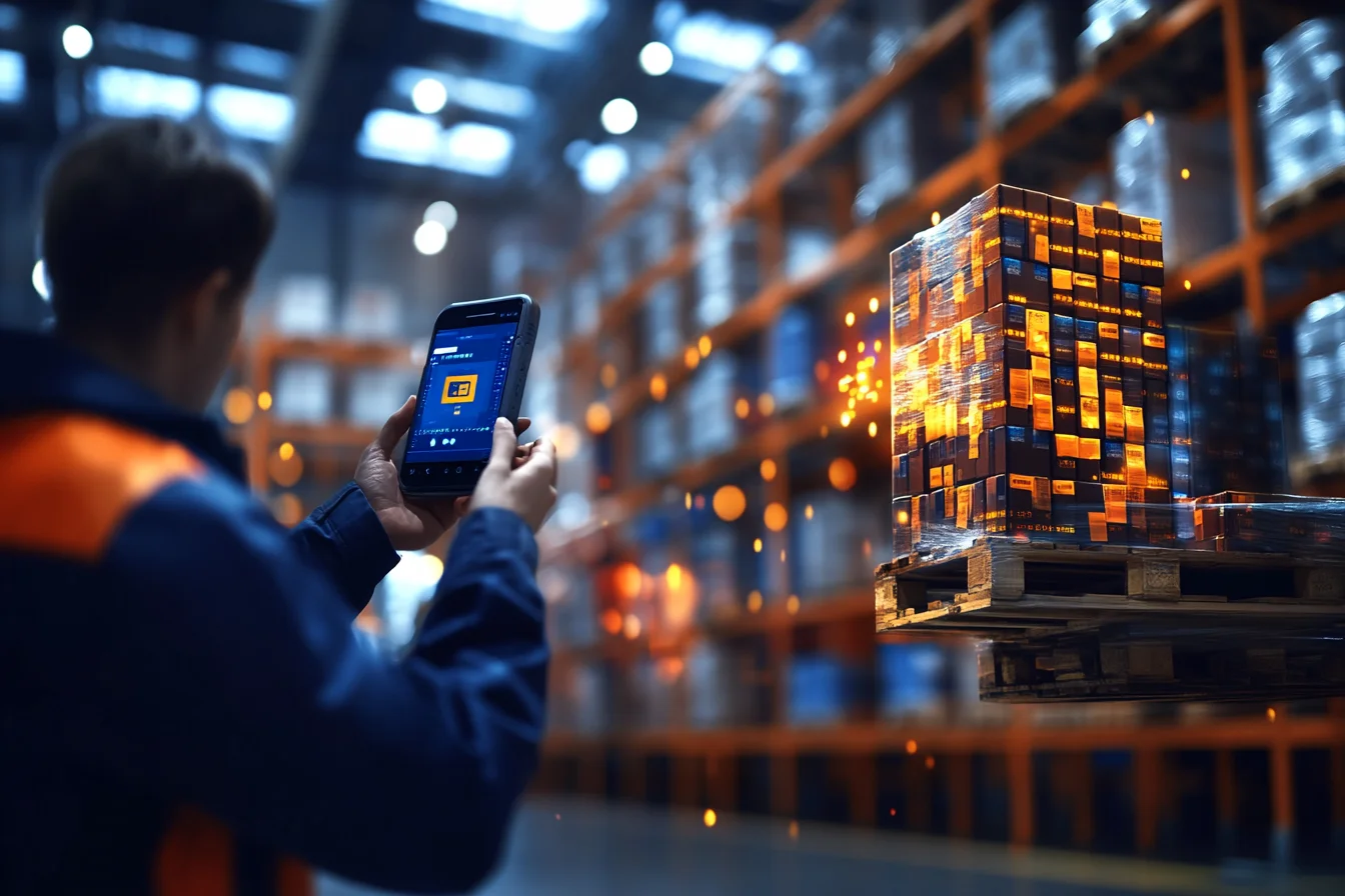 Pracownik widziany od tyłu skanuje smartfonem zafoliowaną paletę kartonów na regale magazynowym