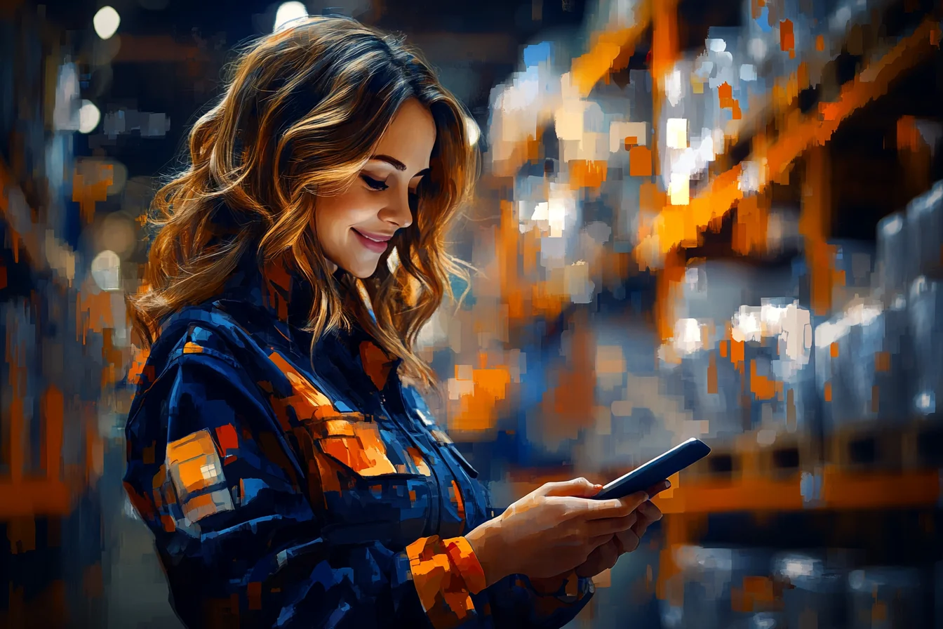 Tablet z ekranem aplikacji magazynowej na tle hali