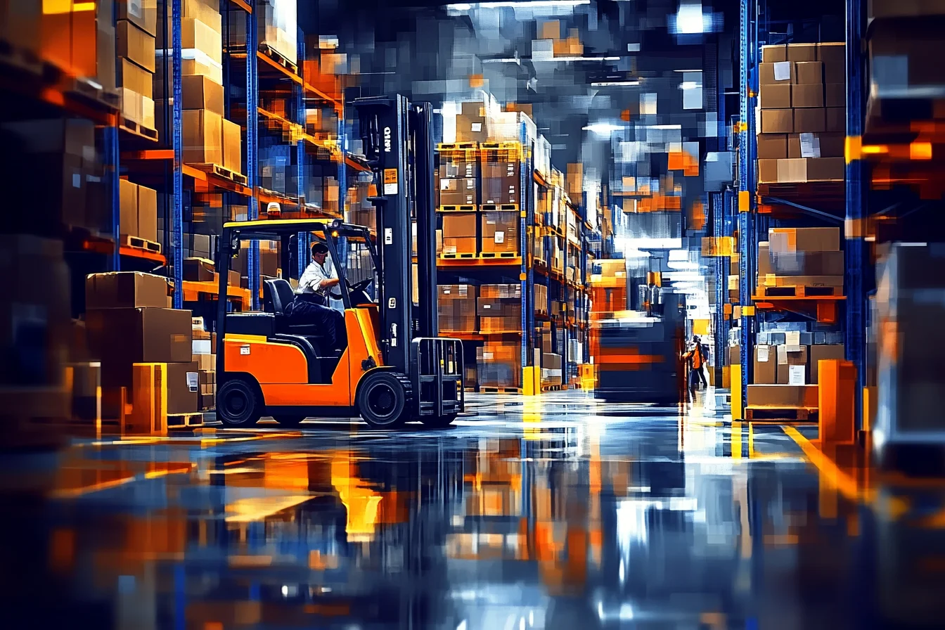 wózek widłowy jadący wśród spikselizowanego, kolorowego tła