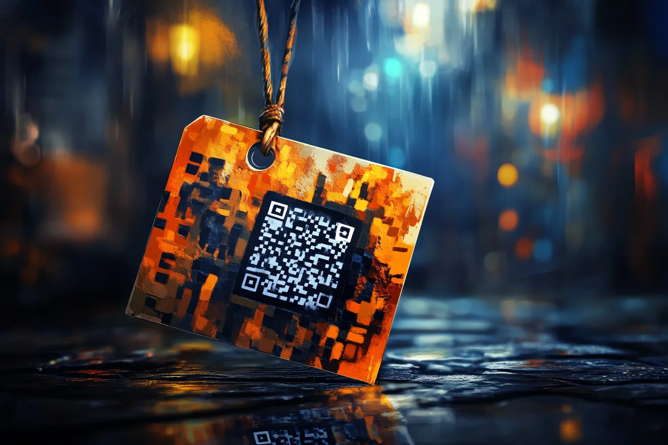 Pomarańczowa zawieszka z kodem QR na sznurku, w tle rozmyte światła hali magazynowej