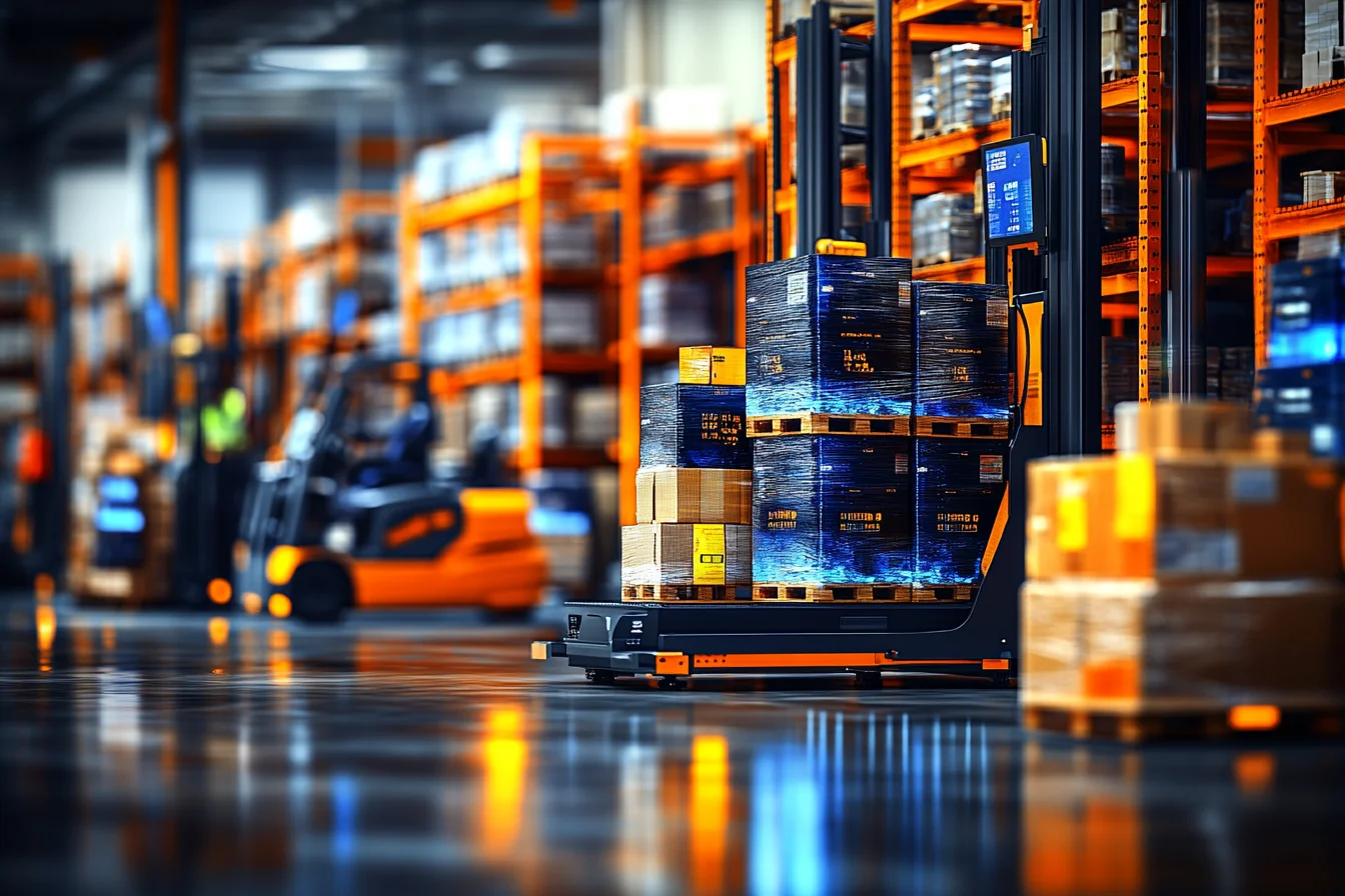 Automatyczny wózek transportowy z ekranem danych i kartonami