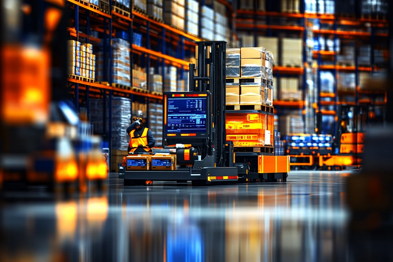 Automatyczny wózek transportowy z ekranem danych i paletą kartonów w hali magazynowej