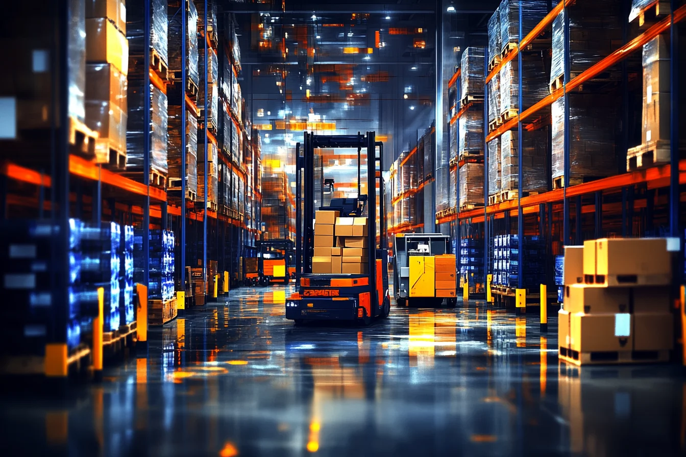 Autonomiczny wózek transportowy (AGV) bez operatora przewozi kartony długą alejką magazynową
