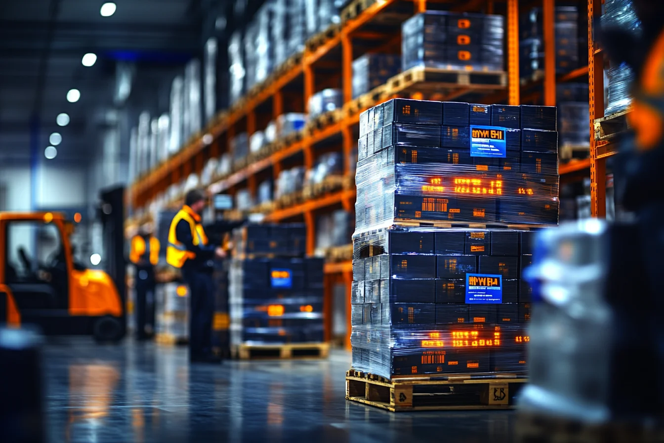 Cyfrowo stylizowana paleta kartonów z podświetlonymi na pomarańczowo etykietami danych
