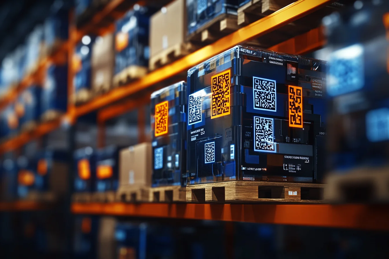 Cyfrowo stylizowana, przezroczysta paleta z licznymi świecącymi kodami QR na regale magazynowym