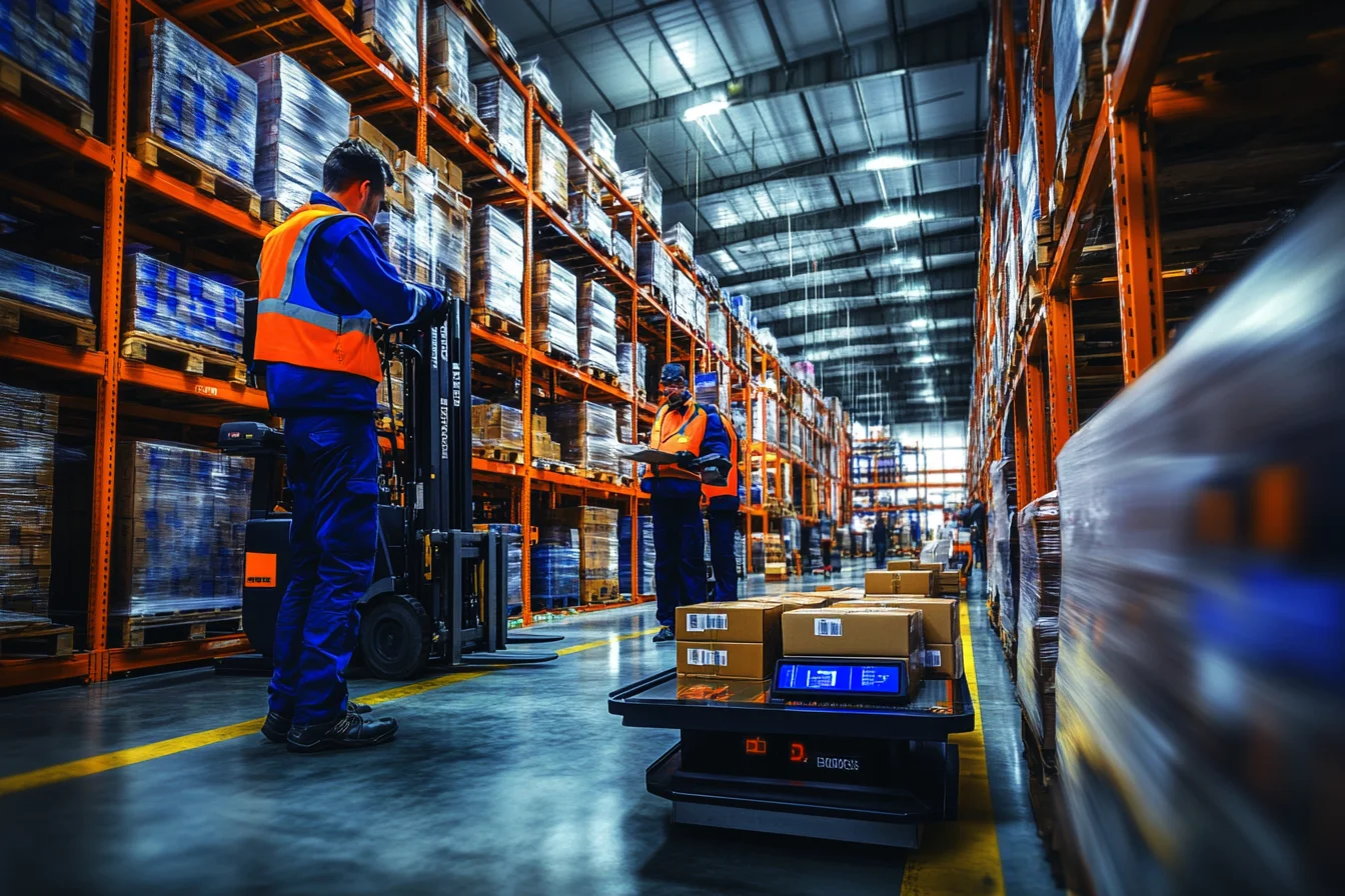 Dwóch pracowników i automatyczny wózek transportowy AGV w alejce wysokich regałów