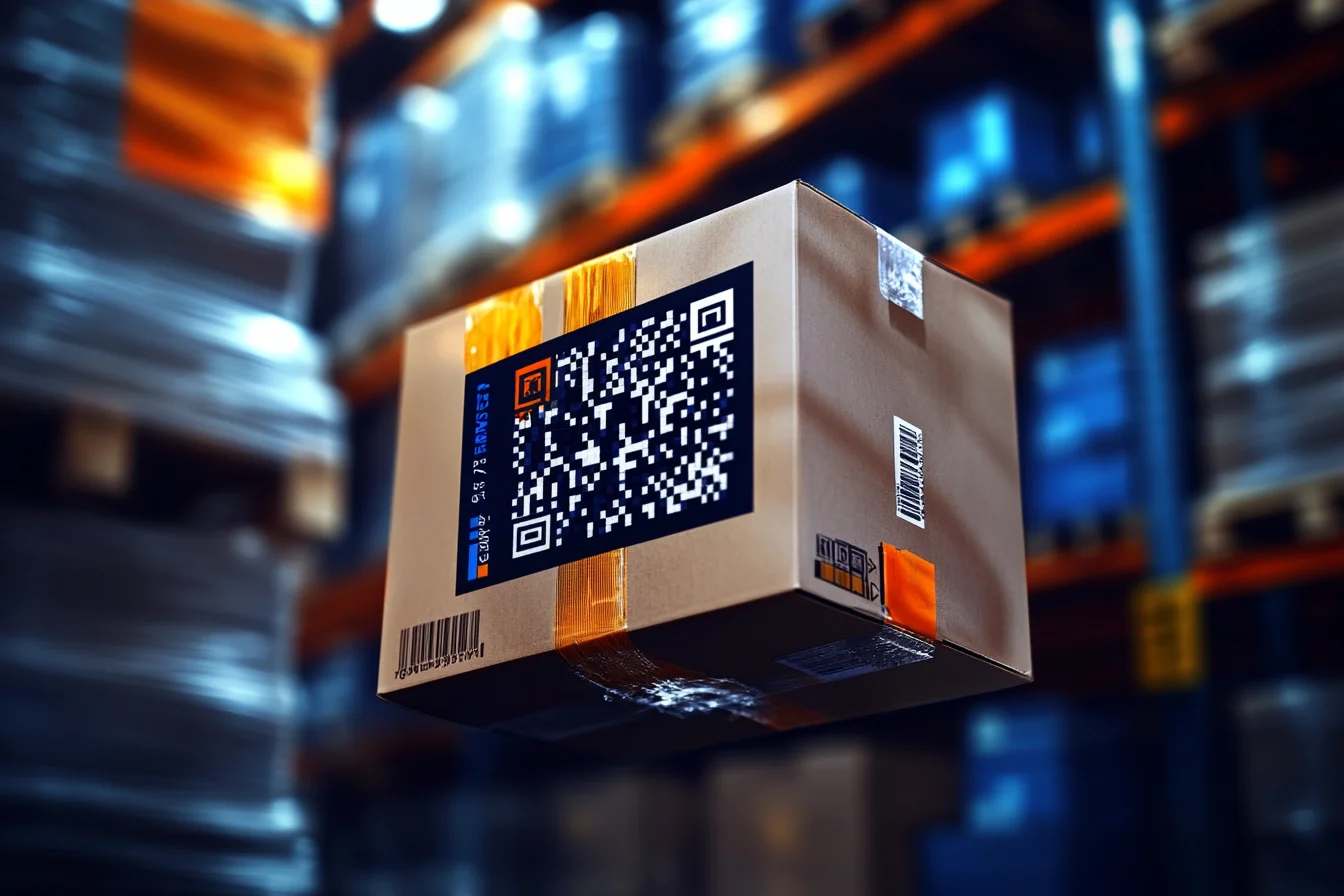 Karton z dużym kodem QR i kodem kreskowym unoszący się na tle regałów magazynowych