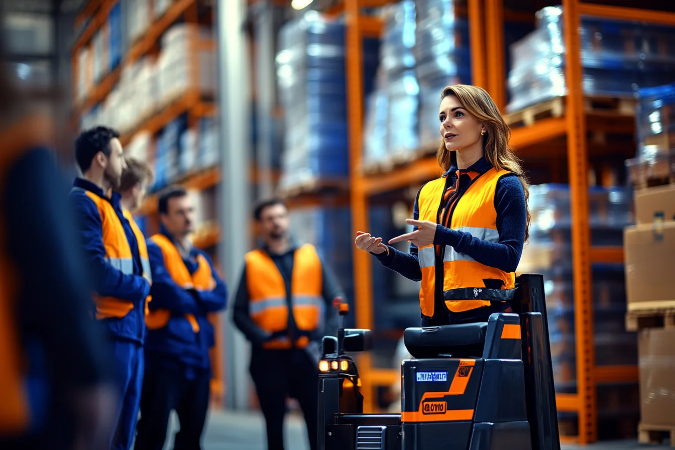 Kobieta stojąca na elektrycznym wózku paletowym prowadzi szkolenie dla zespołu pracowników magazynu