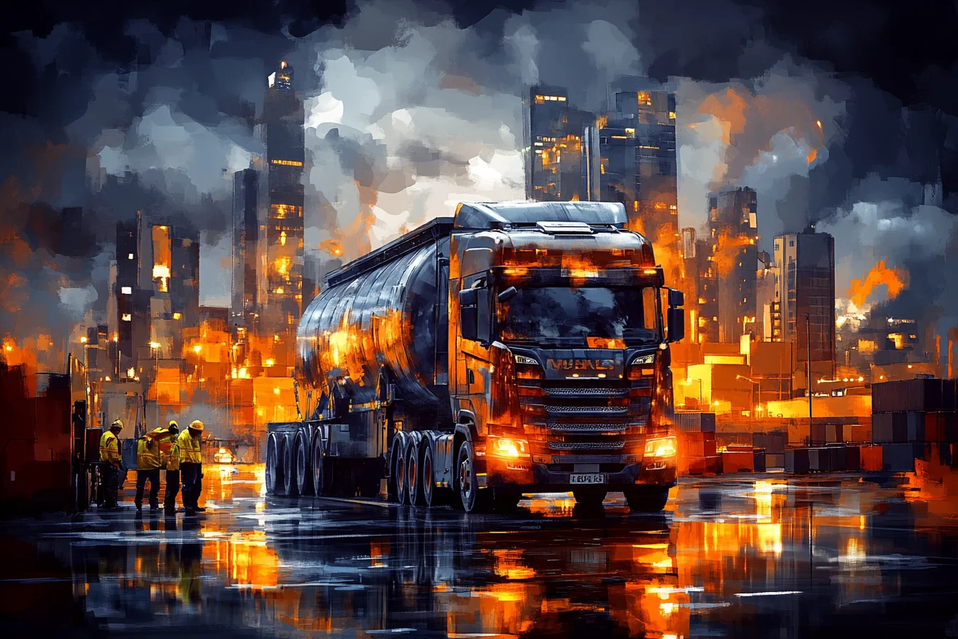 Malarska grafika ciężarówki cysterny na tle industrialnej panoramy miasta nocą