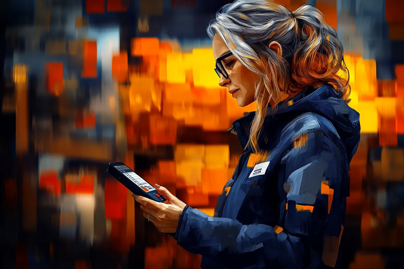 Malarska grafika pracownicy w okularach trzymającej terminal danych na tle regałów