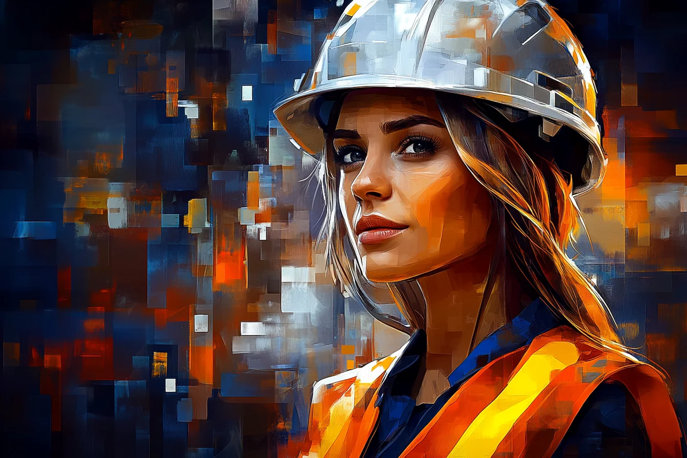 Malarski portret kobiety w białym kasku ochronnym na abstrakcyjnym mozaikowym tle