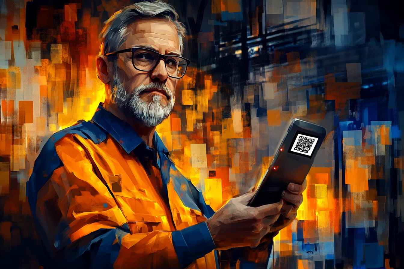 Malarski portret siwowłosego mężczyzny w okularach trzymającego terminal z kodem QR