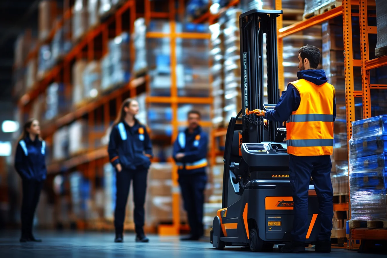 Operator wózka typu reach truck przy wysokich regałach