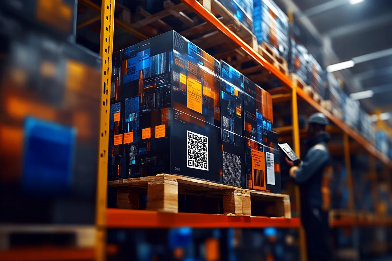 Paleta kartonów z dużym kodem QR na regale
