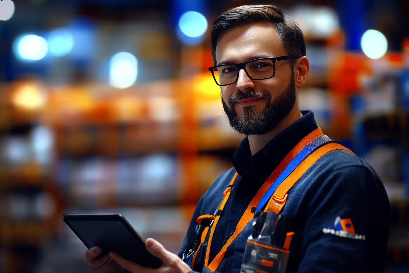 Portret uśmiechniętego mężczyzny w okularach z tabletem i logo SoftwareStudio na rękawie