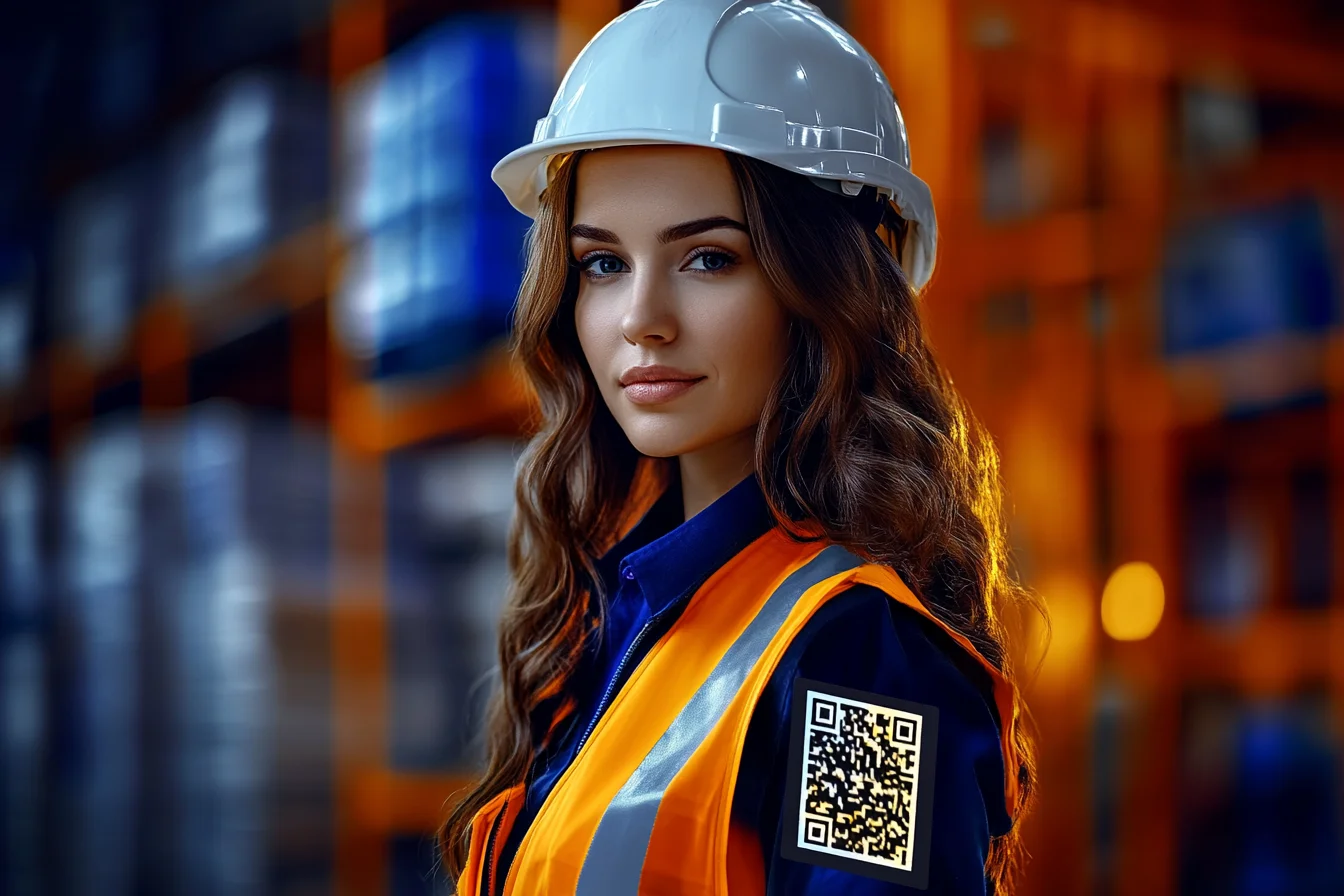 Portret pracownicy w białym kasku z naklejonym na kamizelce kodem QR
